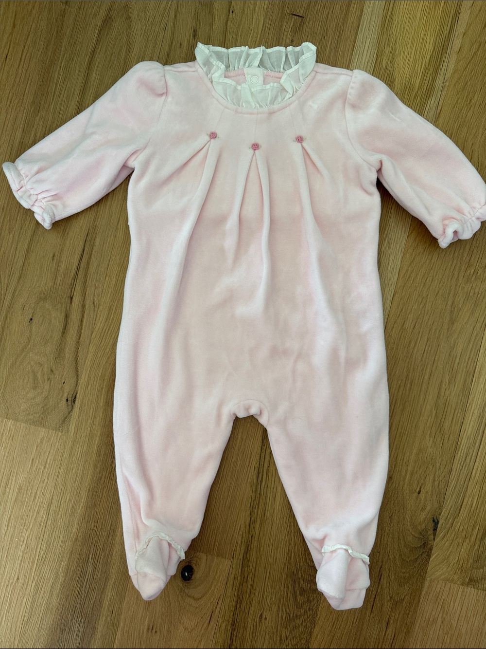 Janie and Jack Layette Pink Velour Footies with Floral and Ruffle Detailing